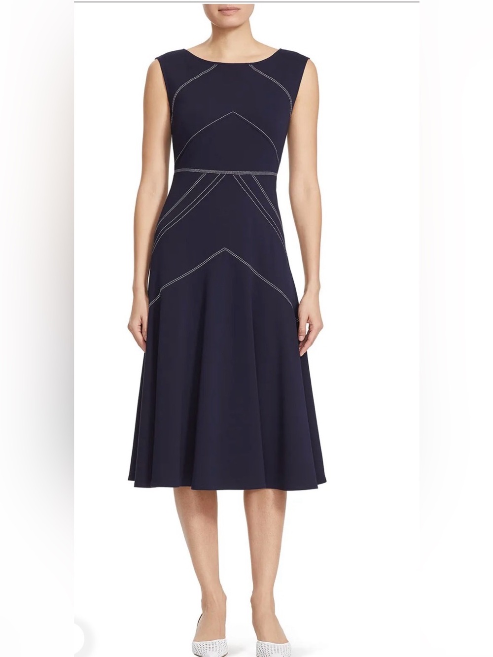 Lafayette 148 Natasha Navy Dress Quiet Luxury Boat Neck Classic Preppy Size 8
